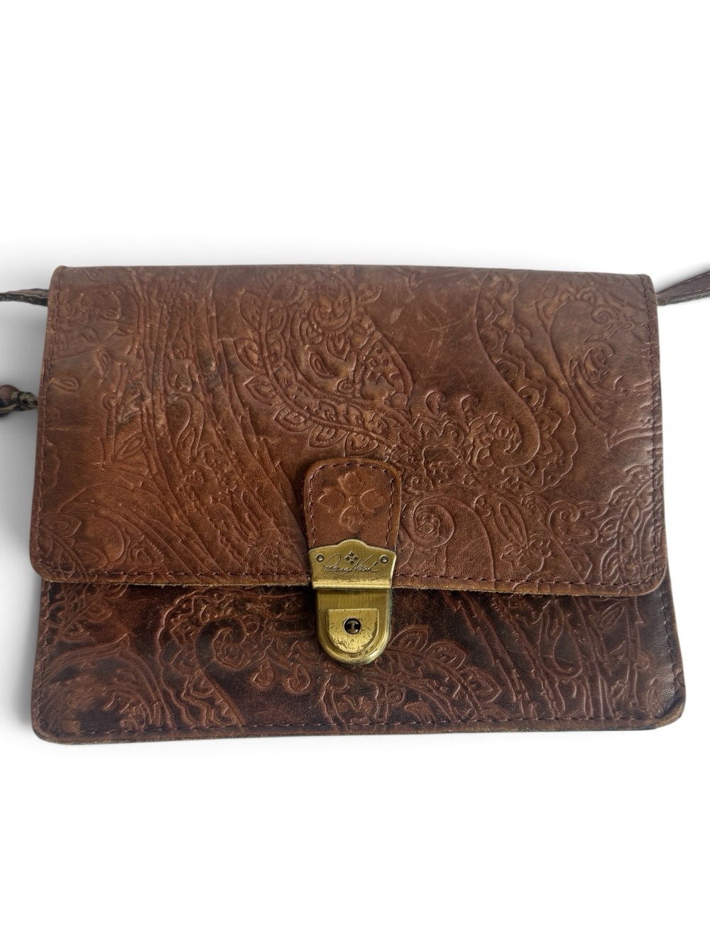 Patricia Nash Alessa Tooled Leather Crossbody Wallet Bag Tan Paisley